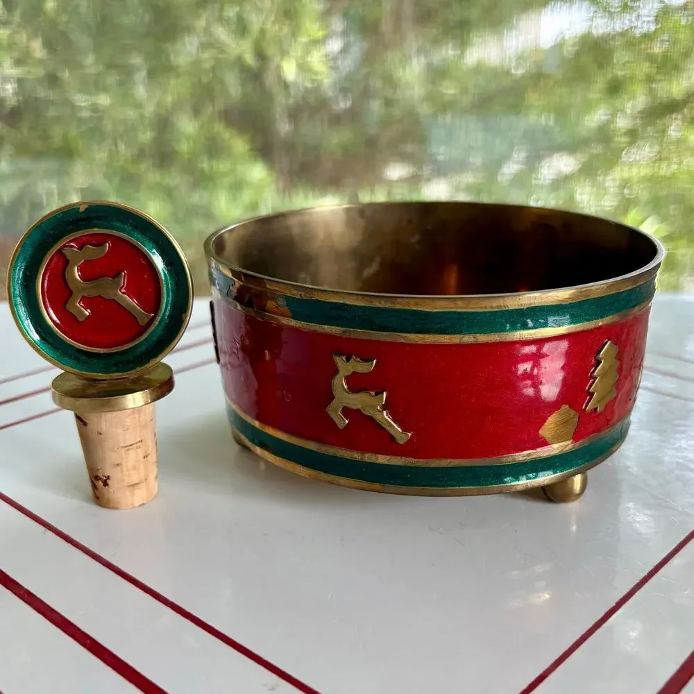Christmas Enamel Wine Coaster & Stopper Set, Reindeer Tree